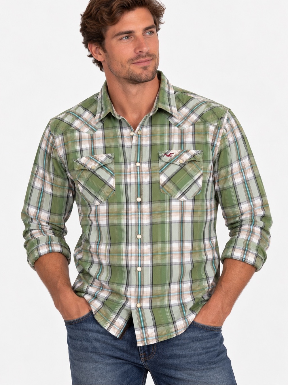 Vintage Hollister Men’s XL Green Plaid Western Pearl Snap Long Sleeve Shirt Y2K